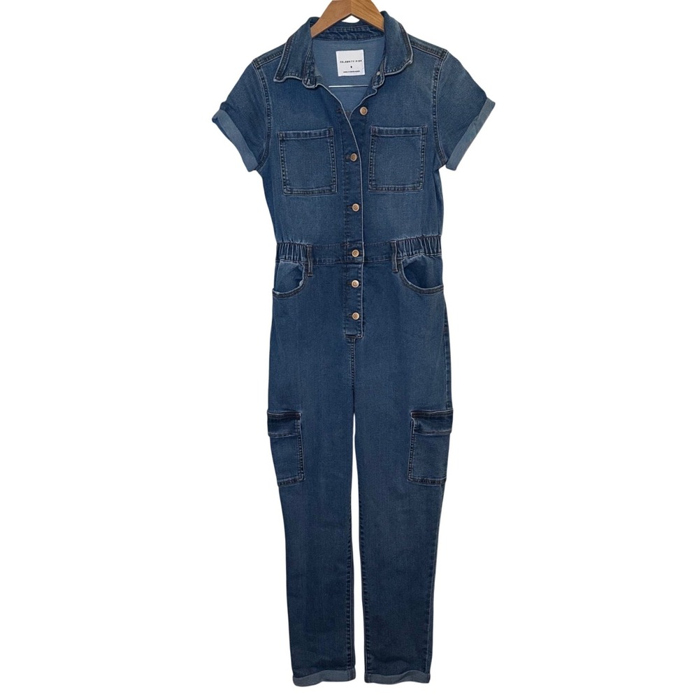 Celebrity Pink Small Boilersuit Jumpsuit Medium Wash Cargo Blue Denim Button Up‎
